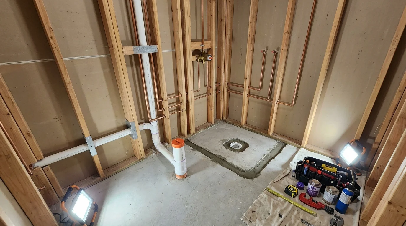 Bathroom rough-in plumbing during remodel by Johns Plumbing LLC in Califon