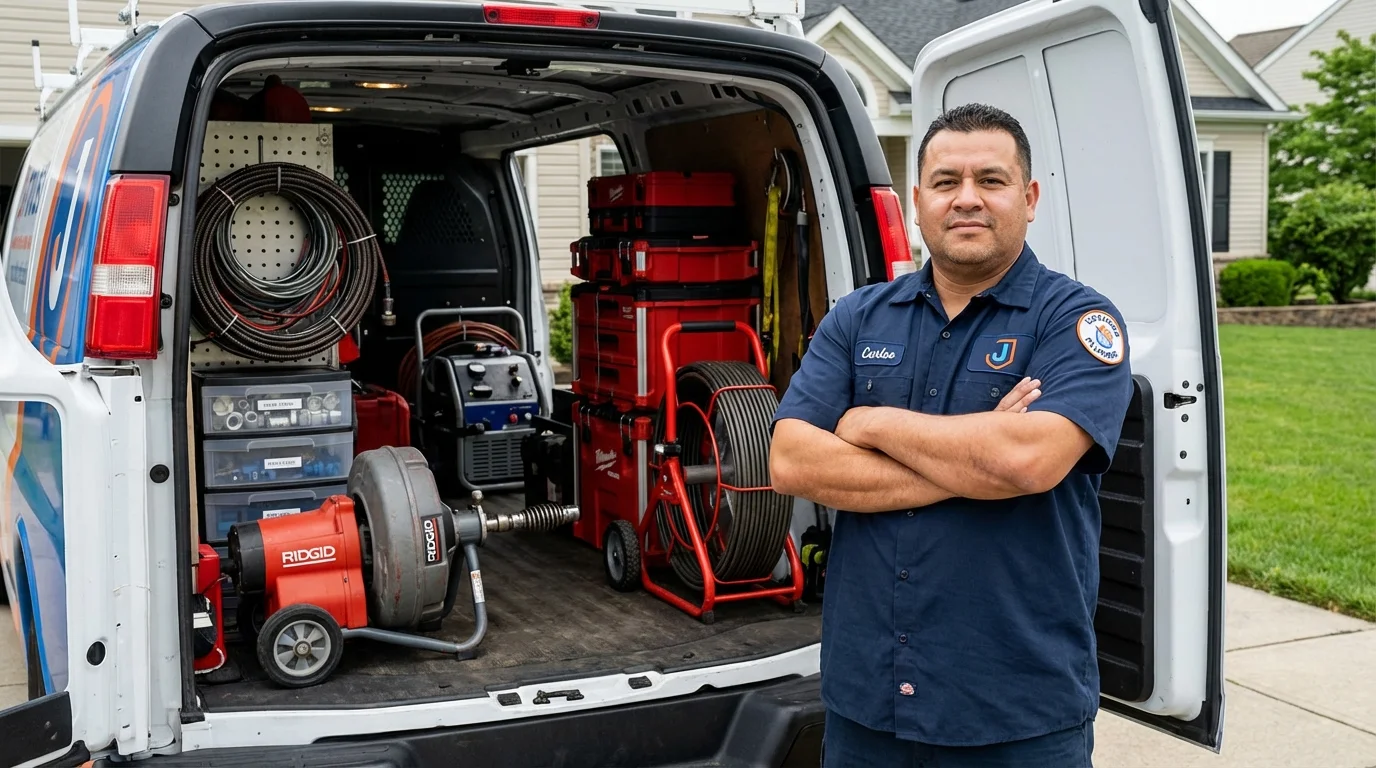 Professional drain cleaning equipment and Johns Plumbing LLC plumber in Califon