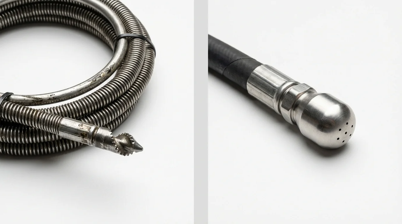 Drain snake cable and hydro jetting nozzle used for drain cleaning in Califon, NJ