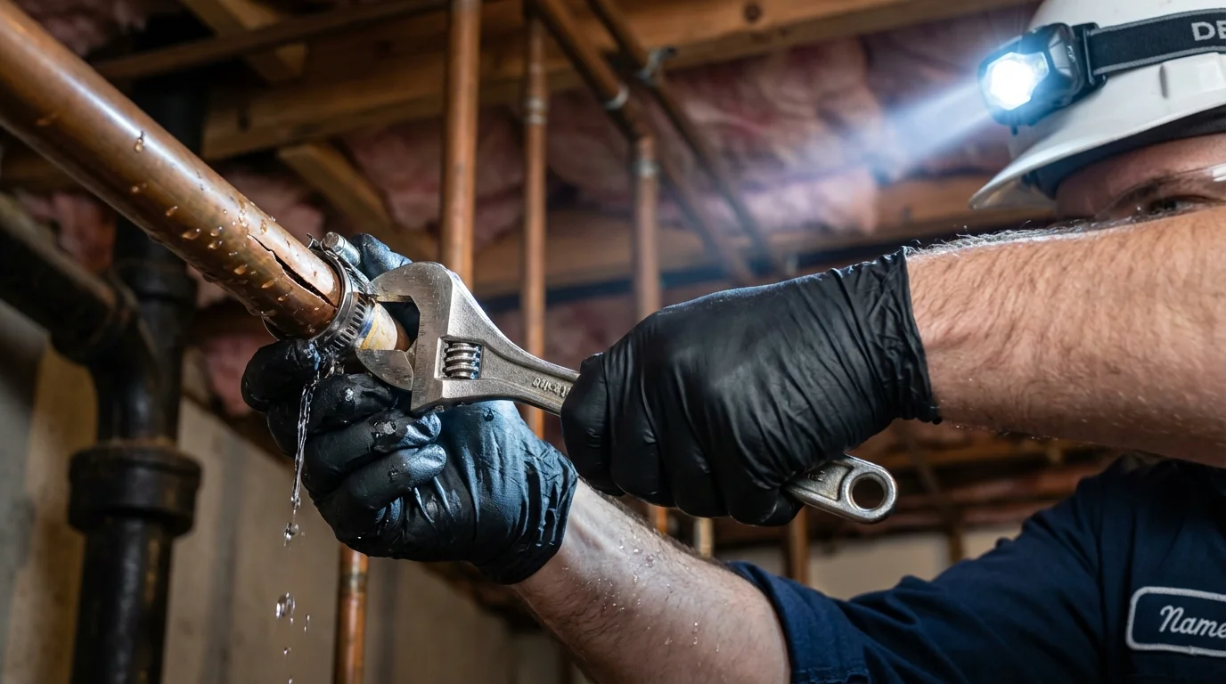 Emergency pipe clamp repair being performed by a Johns Plumbing LLC plumber in Califon