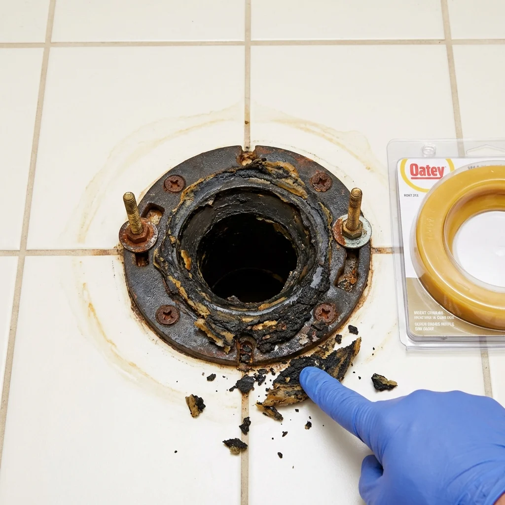 Failed wax ring showing water seepage at the base of a toilet in a Califon, NJ home