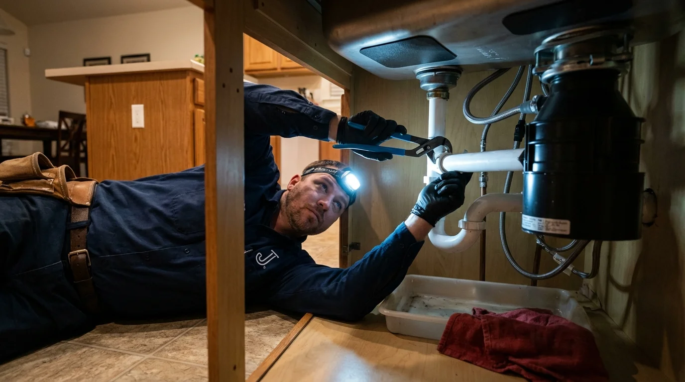 P-trap and supply line connections under a kitchen sink showing a common leak point in Califon, NJ